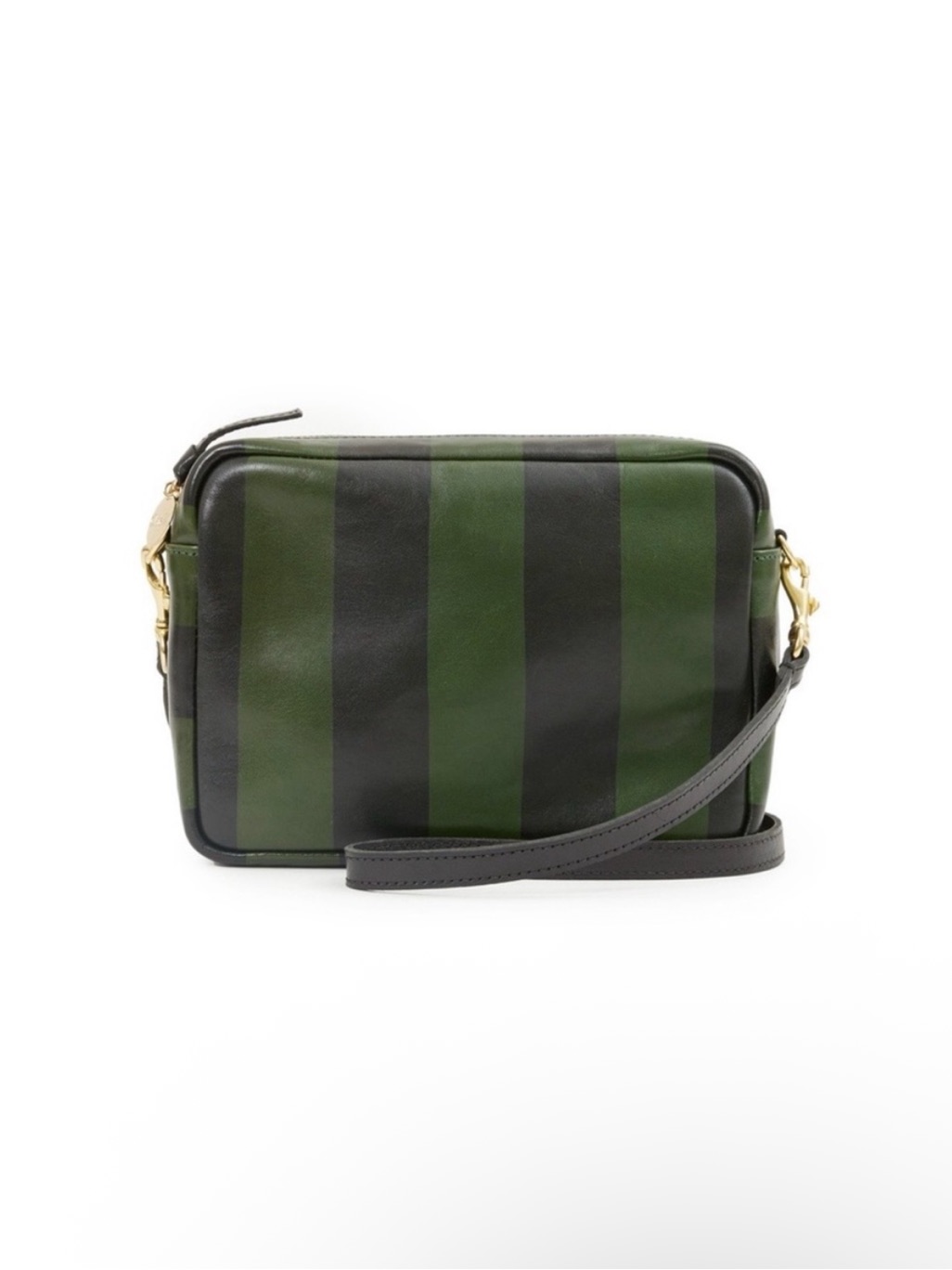 Clare V Striped Leather Crossbody Midi Sac Bag In Black/Fern Stripe